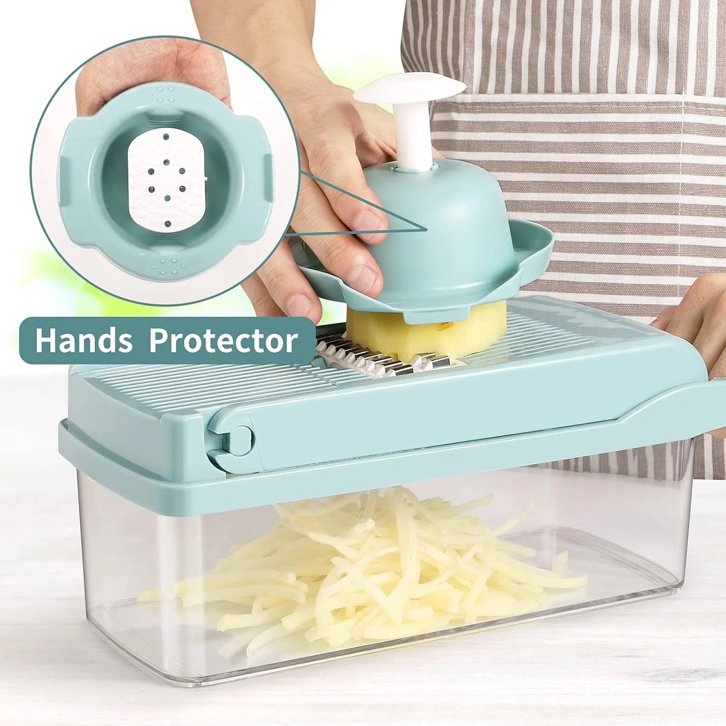 Veggie Chopper with Container, Stainless Steel, 7 Blade Options, Food-Grade Components - Blue