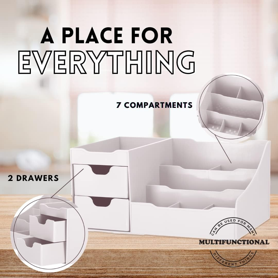 Cosmetic Storage Organizer - Sitting on Your Vanity, Bathroom Counter or Dresser - Easily Organize Your Cosmetics, Jewelry, Hair Accessories (White)