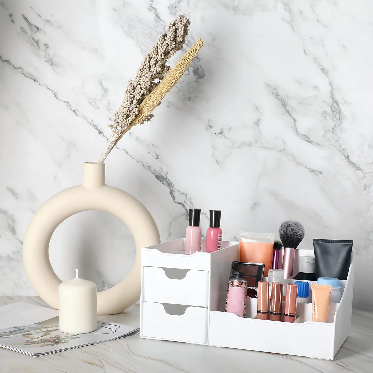 Cosmetic Storage Organizer - Sitting on Your Vanity, Bathroom Counter or Dresser - Easily Organize Your Cosmetics, Jewelry, Hair Accessories (White)