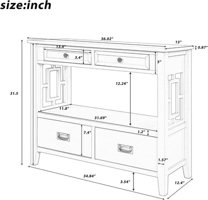 36" Wood Console Table with 4 Drawer,2 Tier Console Table with Bottom Shelf for Entryway Hallyway Sofa Table for Bedroom Living Room