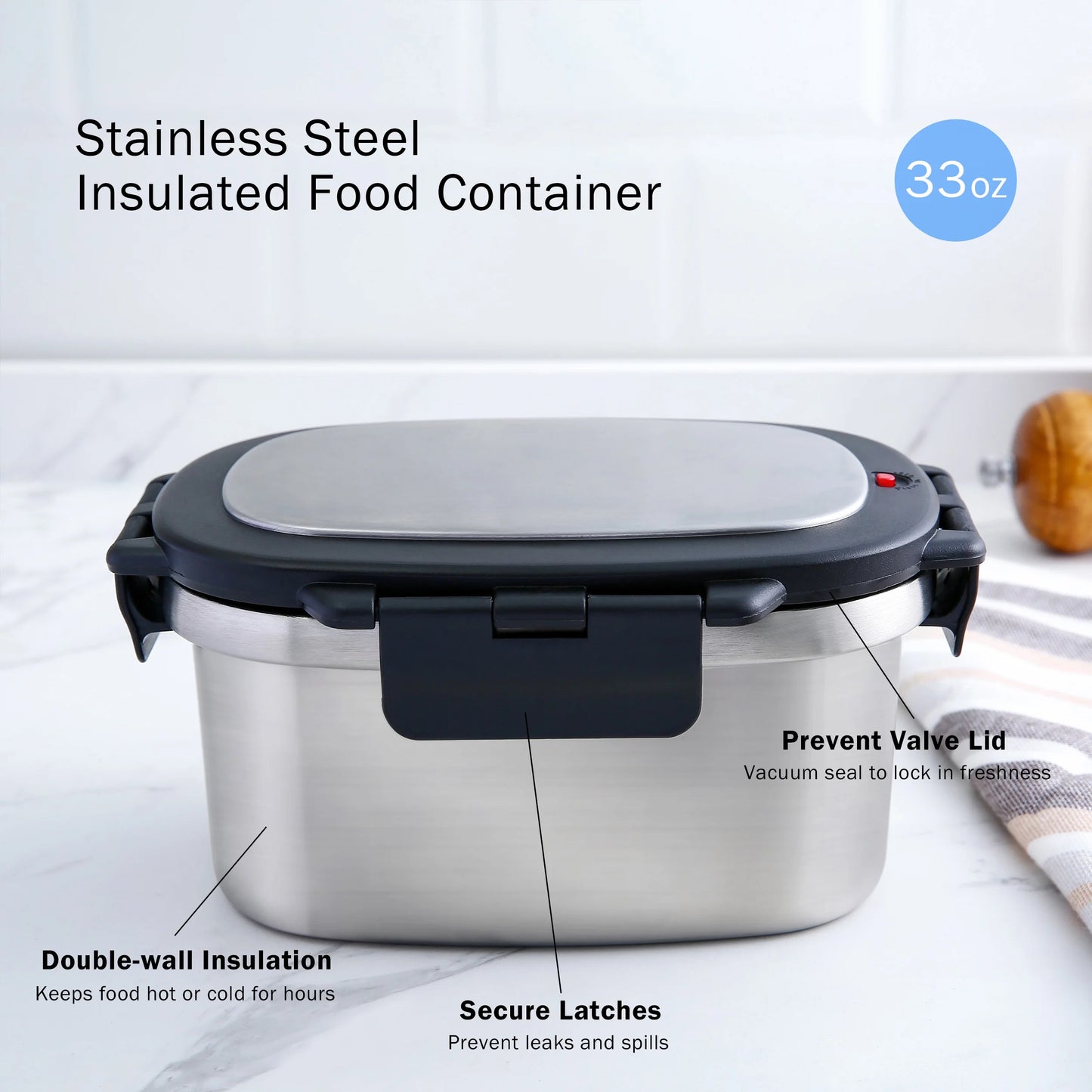 Food Container, Reusable Insulated Stainless Steel, Rectangular, 33 Oz