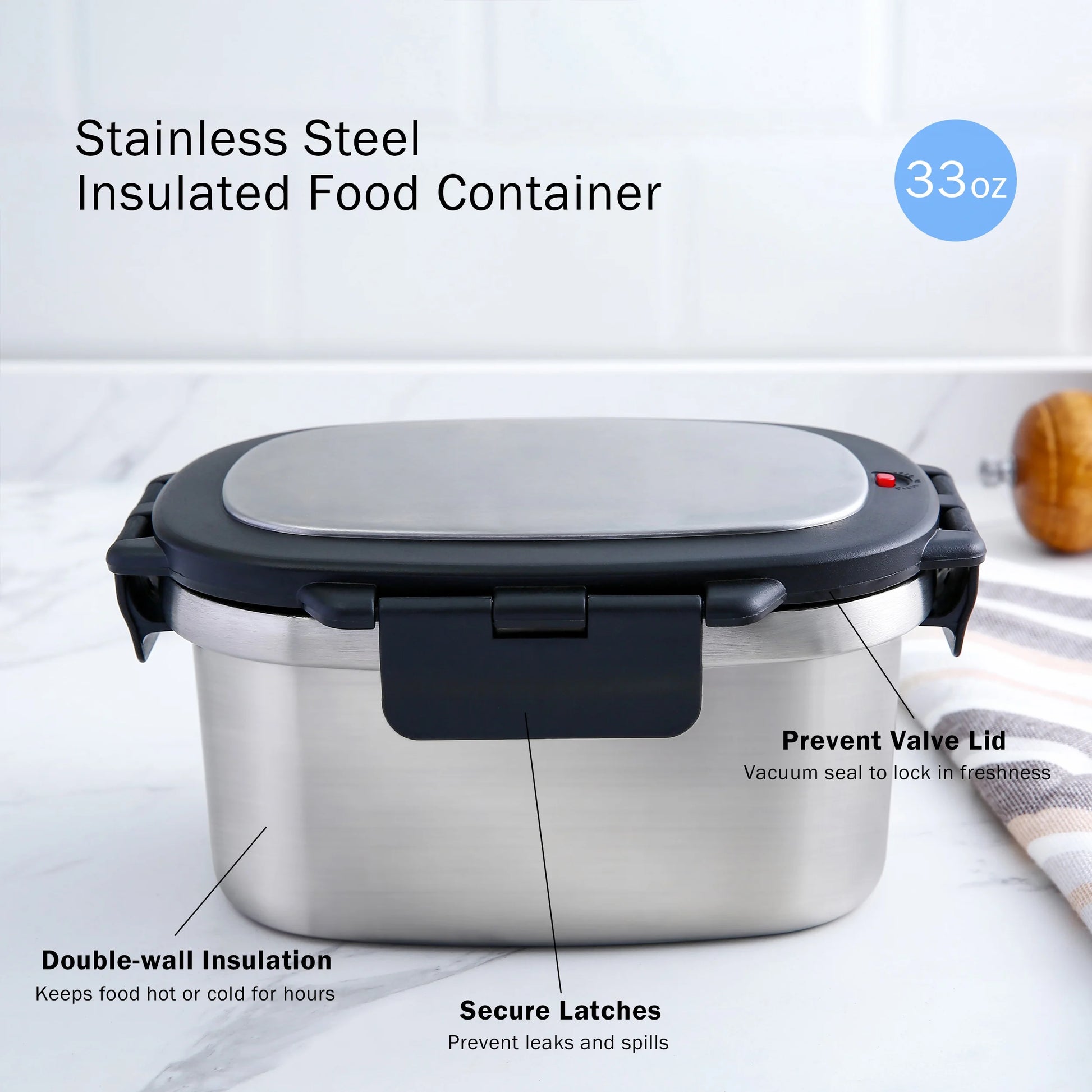 Food Container, Reusable Insulated Stainless Steel, Rectangular, 33 Oz