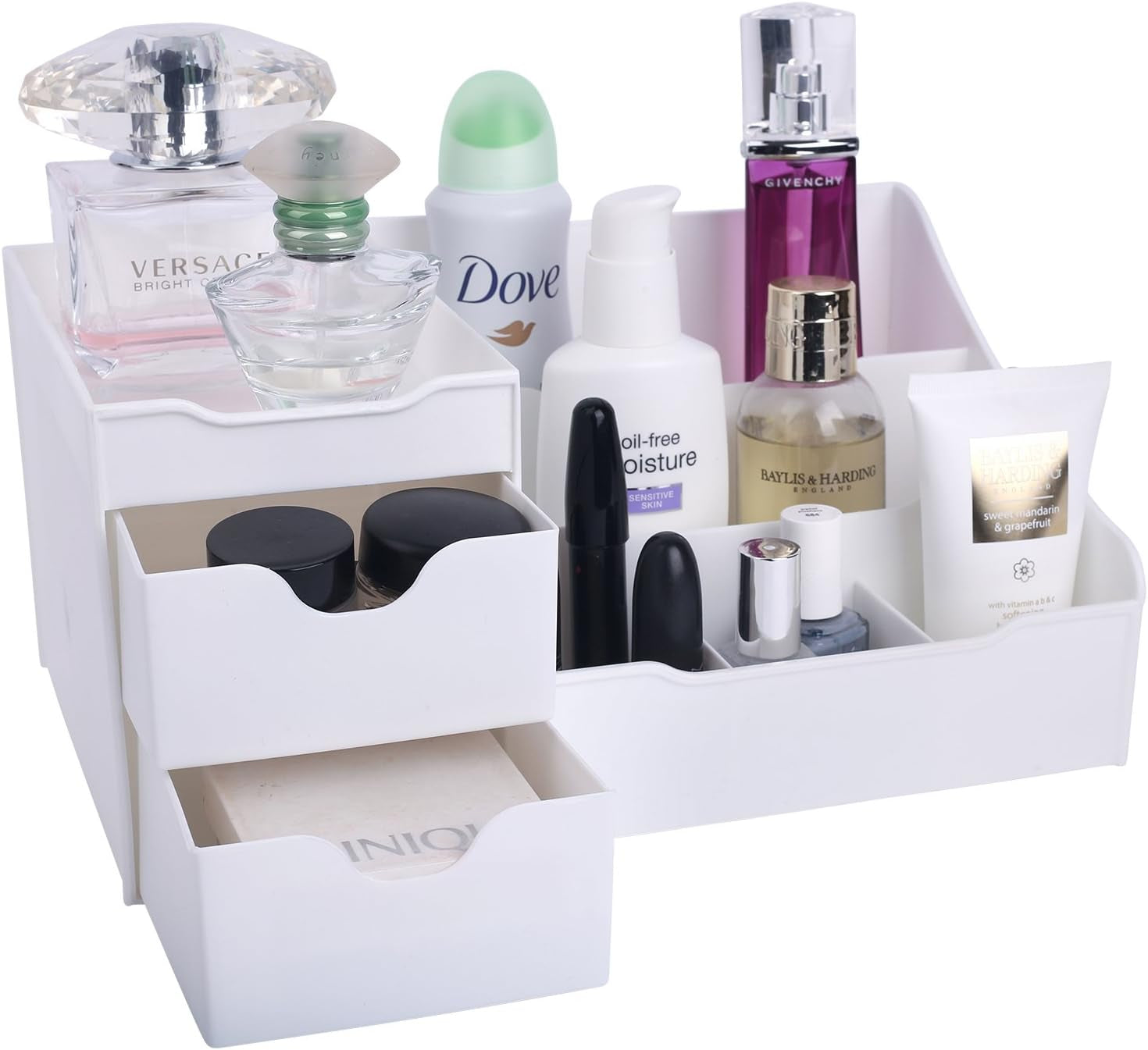 Cosmetic Storage Organizer - Sitting on Your Vanity, Bathroom Counter or Dresser - Easily Organize Your Cosmetics, Jewelry, Hair Accessories (White)