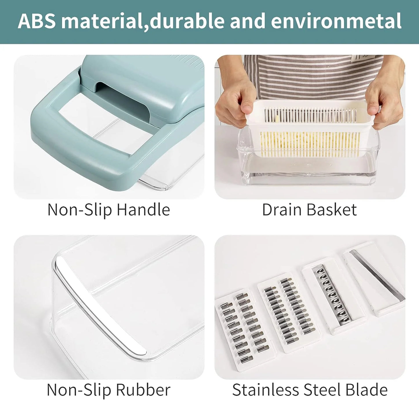 Veggie Chopper with Container, Stainless Steel, 7 Blade Options, Food-Grade Components - Blue